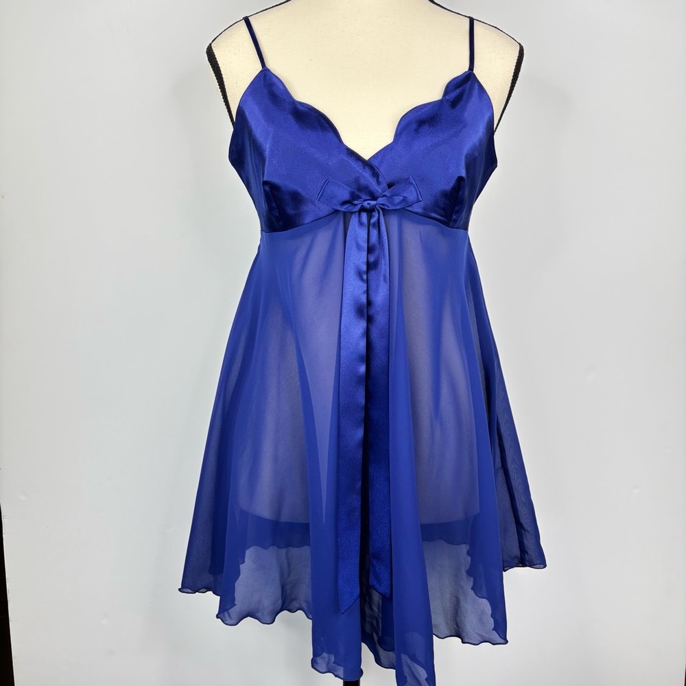 Victoria's Secret Royal Blue Satin Chiffon Coquette Babydoll Bow Nightie Small - Picture 2 of 9